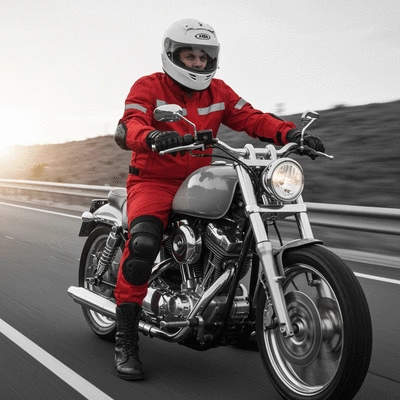 Motorcycle rider wearing a helmet and looking at the road ahead