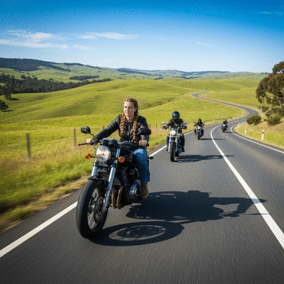Group of motorcyclists riding on a scenic road in Canberra