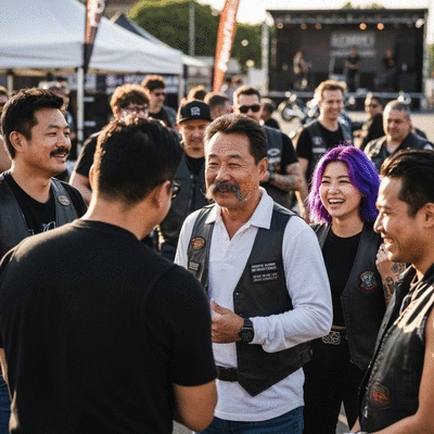 Group of diverse motorcycle enthusiasts gathered, smiling and interacting, vibrant community feel