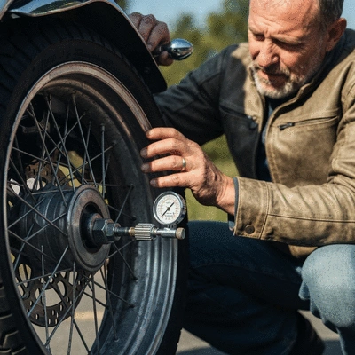 Person checking motorcycle tire pressure
