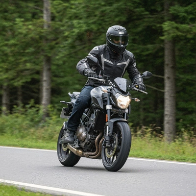 Motorcycle rider on a scenic road wearing full safety gear