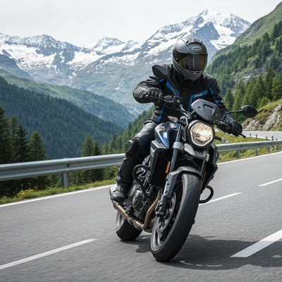 Motorcycle rider wearing full safety gear on a scenic Australian road