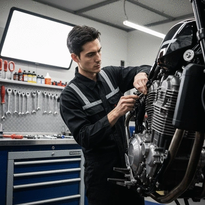 Mechanic working on a motorcycle engine in a clean, modern workshop