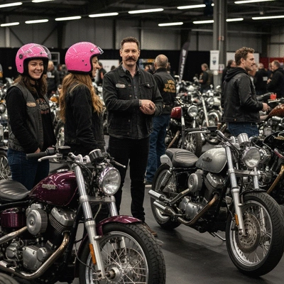 Diverse group of motorcyclists networking at an event, clean background, no text, no words, no typography, 8K, natural lighting