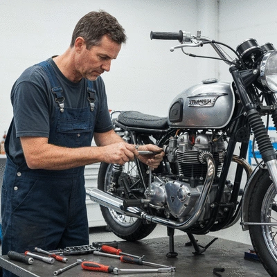 Motorcycle mechanic working on a bike in a clean, well-lit workshop, focused on an engine component