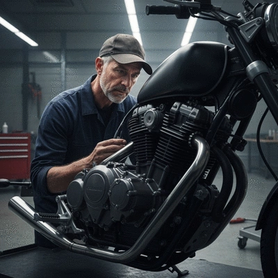 Mechanic inspecting motorcycle engine
