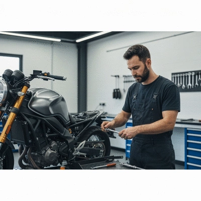 Motorcycle mechanic working on a bike in a clean, modern workshop, focus on tools and hands, no text, no words, no typography