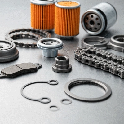 Close-up of various motorcycle maintenance parts like oil filters, brake pads, and chains, neatly arranged on a clean workshop surface