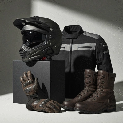 Display of various motorcycle safety gear items like helmets, jackets, and gloves