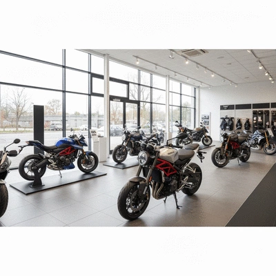 Modern motorcycle dealership interior with various brands of motorcycles on display, clean and well-lit, no text, no words, no typography