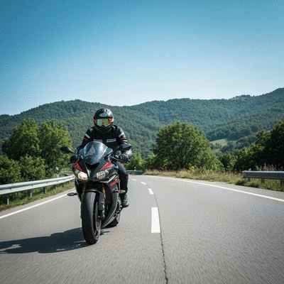 Motorcyclist riding safely on a road with scenic background, no text, no words, no typography, 8K, clean image