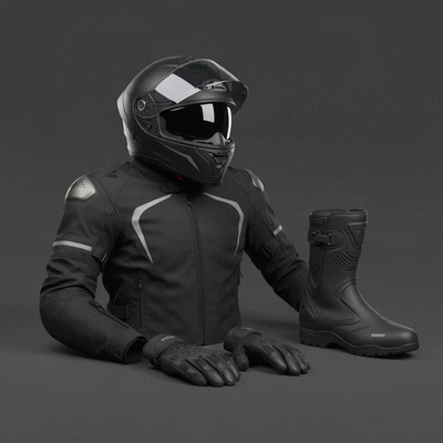 Motorcycle safety gear including helmet, jacket, and gloves arranged neatly